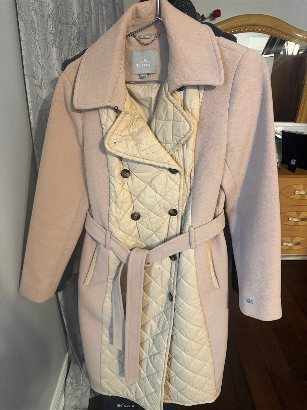 Soia & Kyo Blush Pink Wool Trench Coat with Cream Quilted Liner